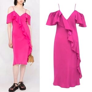 Gold Hawk Victorian Ruffle Silk Dress In Mystic Pink L - NWT
